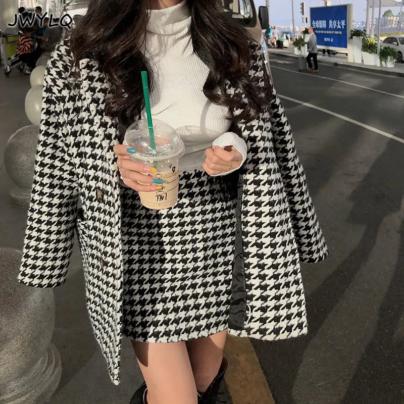 Top Trends: Spring Autumn Houndstooth Print Coats Women+ skirt Two Piece Set Women New Turn-down Collar Single-breasted Streetwear Coat Suit Shoppable Styles