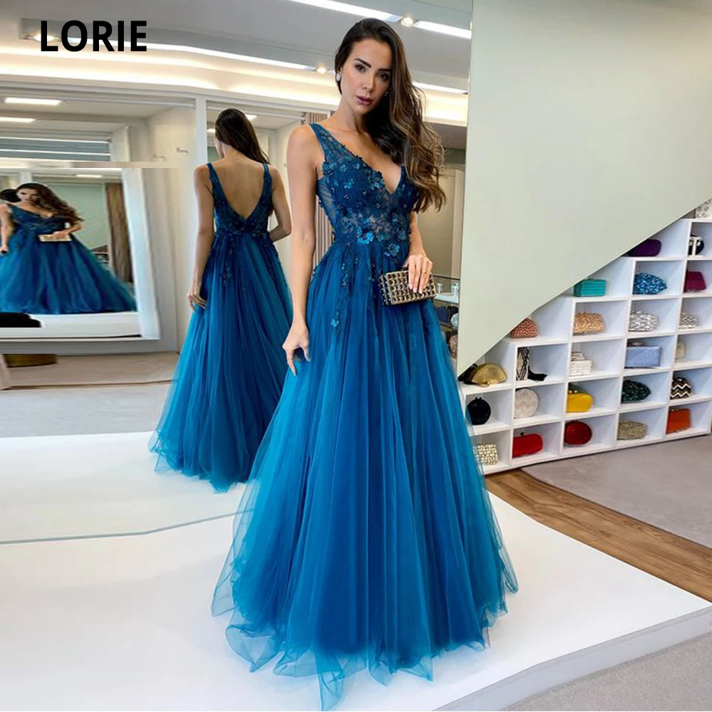 Top Trends: LORIE V-neck Royal Blue Evening Dresses 2022 Fashion Tulle Appliques Sleeveless Prom Gown Long Abendkleider Robes De Soirée Shoppable Styles