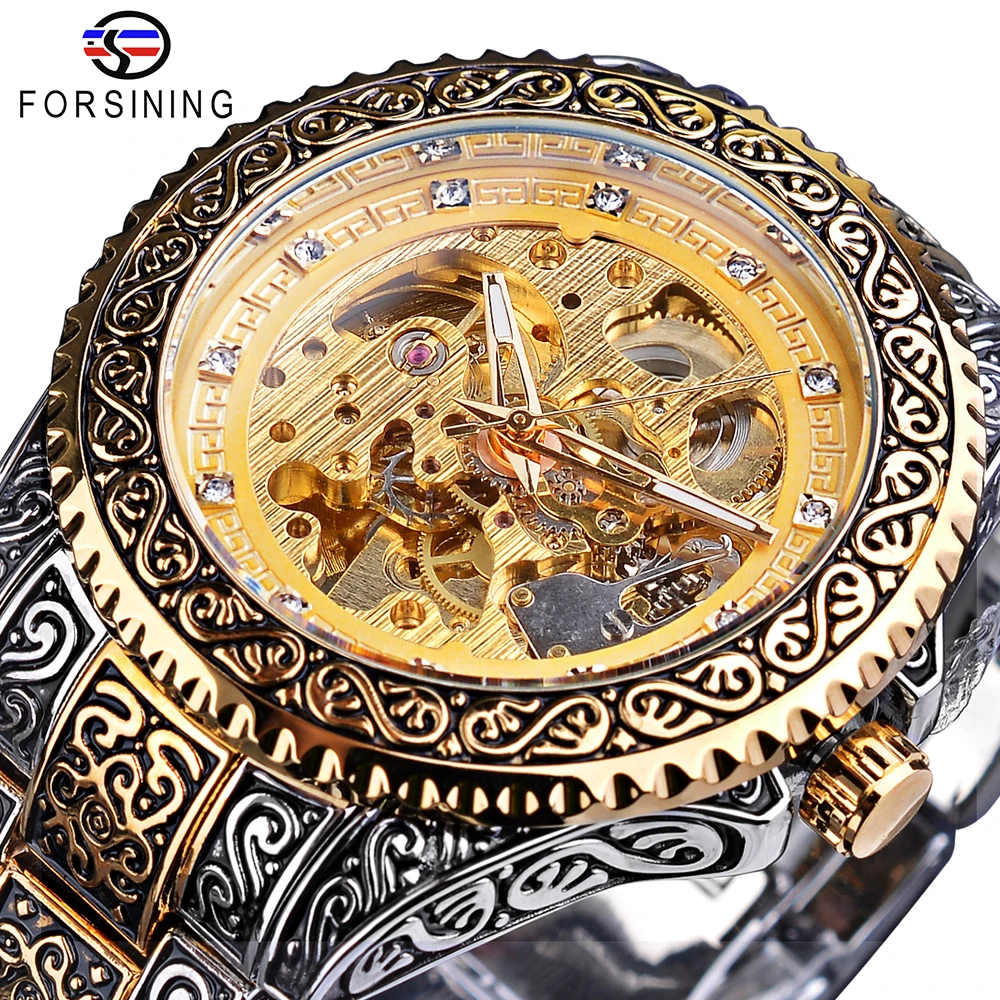 Top Trends: Forsining Luxury Men Automatic Mechanical Wristwatch Waterproof Stainless Steel Diamond Watch Golden Men's Clock Vintage Reloj Shoppable Styles