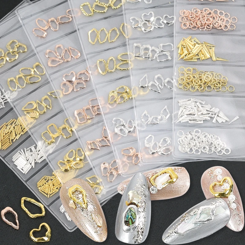 Top Trends: Mix 6 Shapes Various Curved Bar Irregular Metal Heart Frame Leaf Frosted Studs Alloy Nail Art Rhinestone Ornaments Tips DIY Shoppable Styles