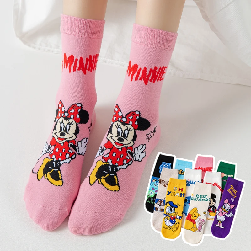 Top Trends: 3 Pairs Disney Casual Women Socks Cute Kawii Long Socks Cartoon Mickey Minnie Donald Winnie Cotton Socks Girl Socks Size 35-42 Shoppable Styles