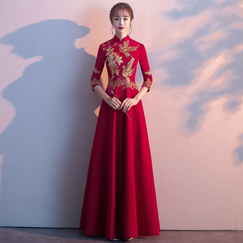 Top Trends: Red Bridal Dress Chinese Wedding Cheongsam Dresses Skirt Female Modern Asian Women Embroidered A-line Formal Gowns Vestido Shoppable Styles