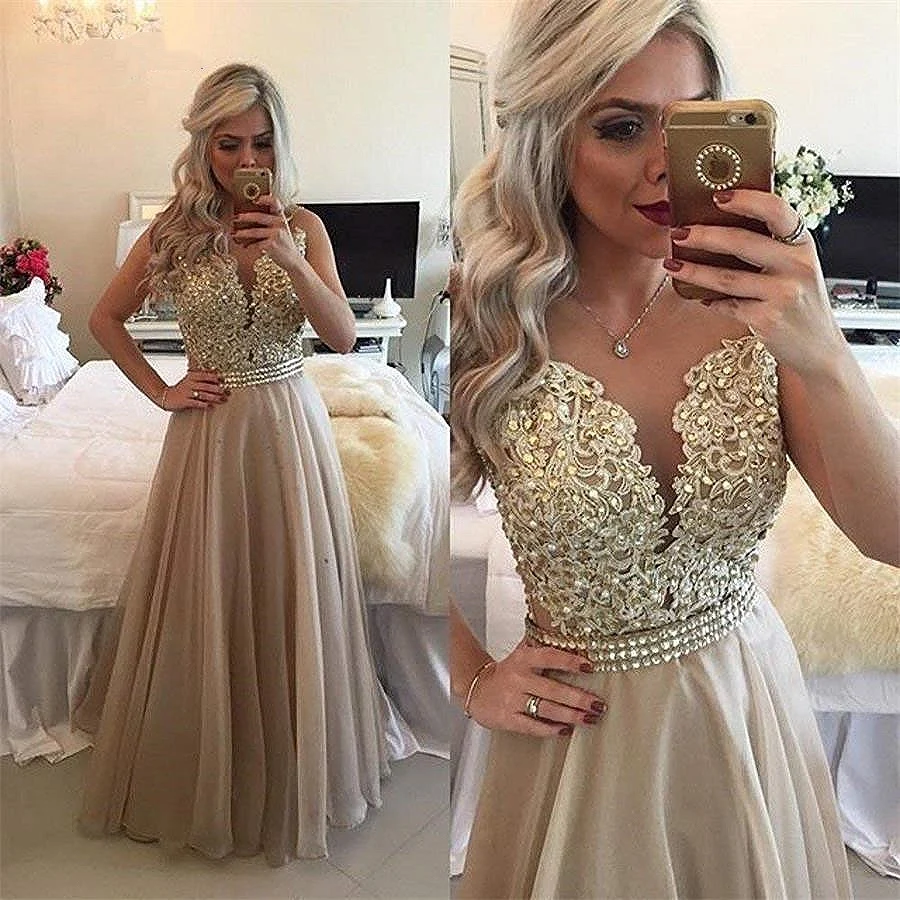 Top Trends: 2023 New Chiffon Prom Dress Beaded Lace Applique Sheer Back Sleeveless Formal Long O-Neck Floor Length Evening Dresses Plus Size Shoppable Styles