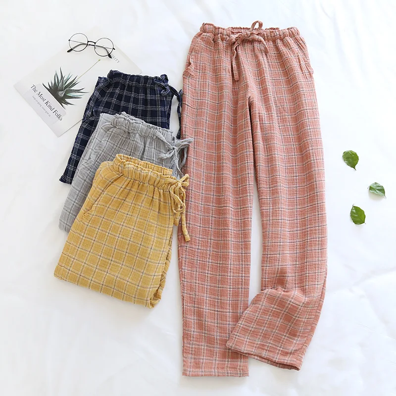 Top Trends: Japanese New Spring And Autumn Couples Cotton Crepe Cloth Plaid Trousers Men And Women Large Size Home Pants Simple Casual Pants Shoppable Styles