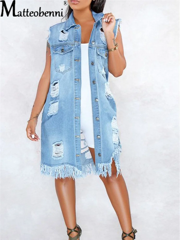 Top Trends: Fashion Sexy Hole Denim Blouse Jackets Ladies Sleeveless Ripped Distressed Denim Loose Long Jacket Coat Outwear Womens Shoppable Styles