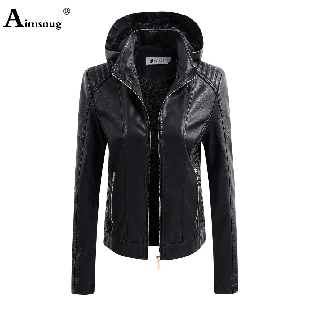 Top Trends: Women Faux Pu Leather Jackets Female Hooded Top Outerwear Pocket Zipper Coats Slim Biker Jacket Blue Red Womens Clothing 2021 Shoppable Styles - Image 4