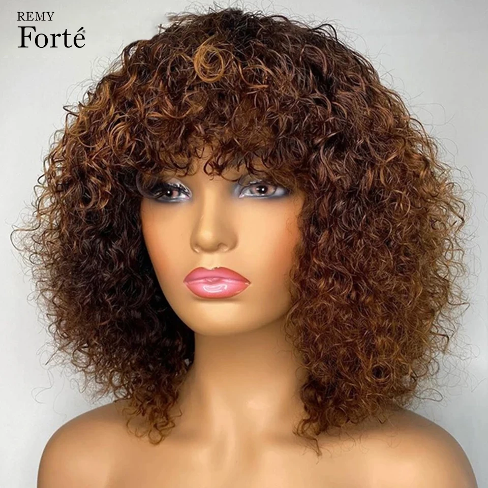 Top Trends: Highlight Jerry Curly Pixie Cut Bob Human Hair Wig With Bangs Full Machine Made Human Hair Wig Short Wavy Colored Wigs For Women Shoppable Styles