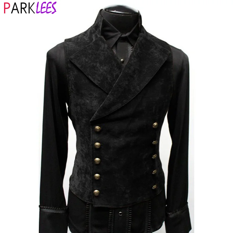 Top Trends: Mens Double Breasted Gothic Steampunk Velvet Vest Stand Collar Medieval Victorian Black Waistcoat Men Stage Cosplay Prom Costume Shoppable Styles