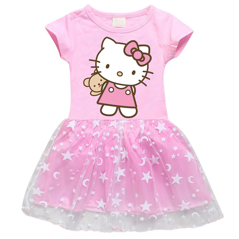 Top Trends: Hello Kitty Children's Clothing Pure Cotton Fashion Princess Skirt Girls Cartoon Printed Net Yarn Short-Sleeved Pleated Dress Shoppable Styles