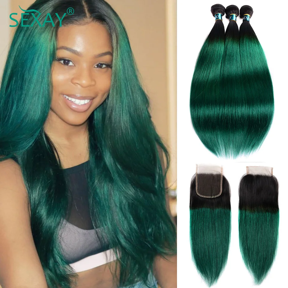 Top Trends: Sexay Turquoise Straight Bundles With Closure Ombre Green Brazilian Human Hair Weave Bundles With 4x4 Lace Closure Middle Part Shoppable Styles