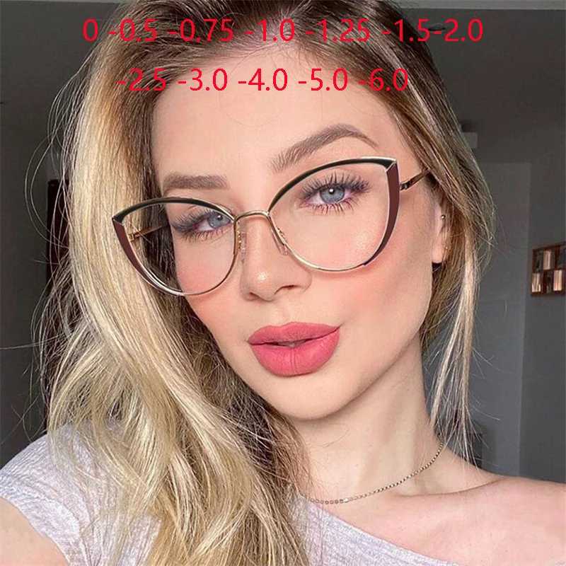 Top Trends: Women Anti Blue Rays Cat Eye Prescription Glasses For The Nearsighted Metal Spring Leg Short-sight Eyewear 0 -0.5 -0.75 To -6.0 Shoppable Styles