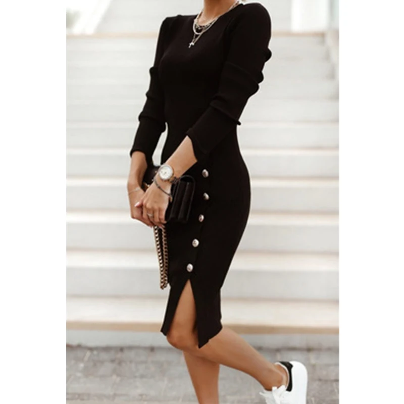 Top Trends: Mini Skinny Winter Package Hip Ribbed Dress Black Sexy Buttons Bodycon Dress Elegant Knitted Women Autumn Dresses Robe Shoppable Styles - Image 2