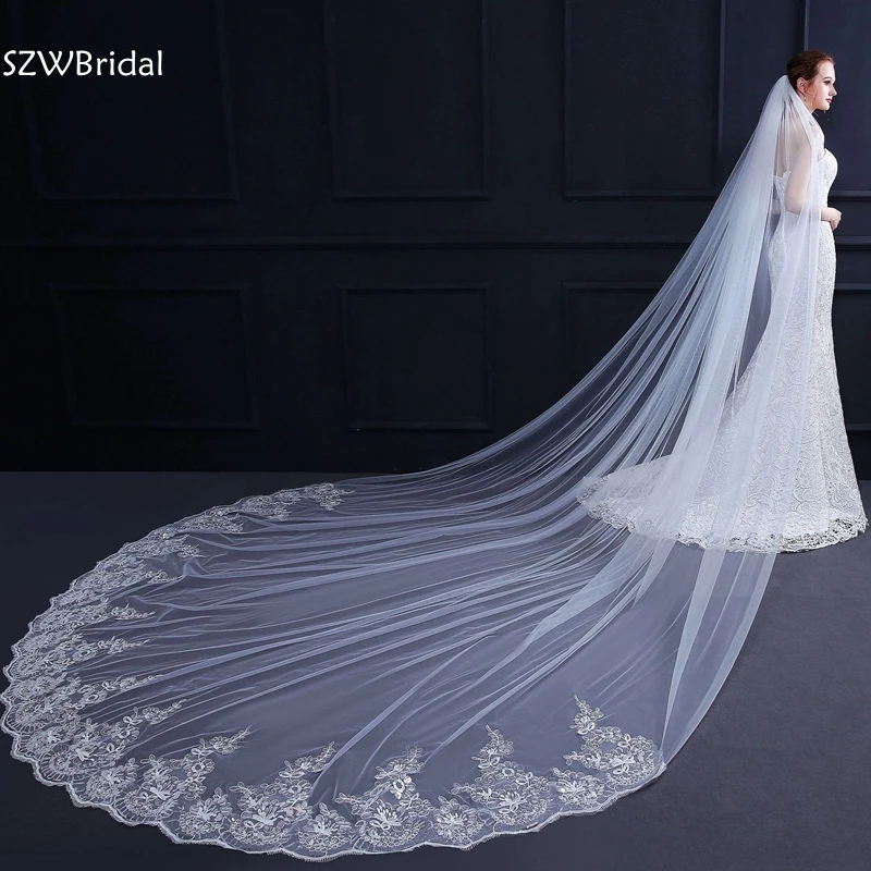 Top Trends: Fashion Lace Appliques White Ivory Cathedral Wedding Veils Long Lace Bridal Veil With Comb Wedding Accessories Cheap Veils Shoppable Styles