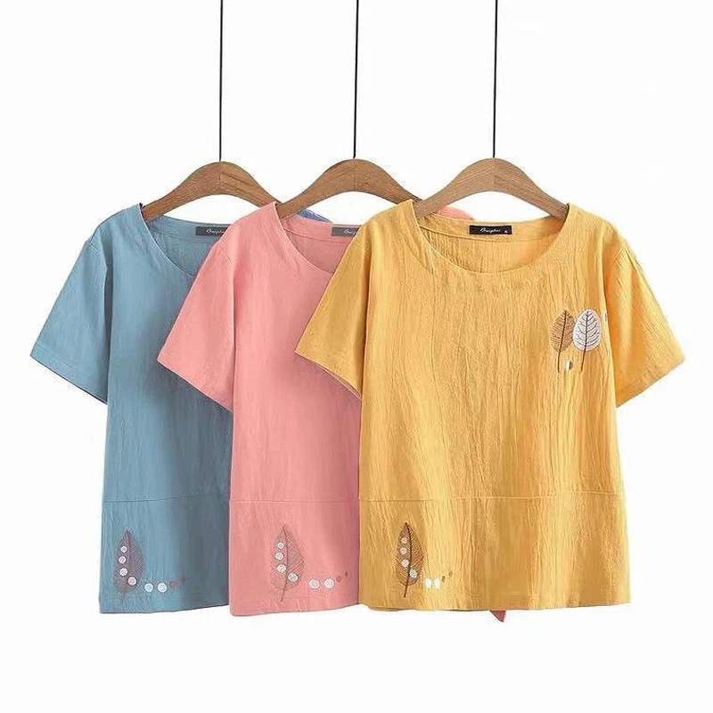 Top Trends: Cotton Linen Summer Blouse Women Tunics Short Sleeve Embroidery Ladies Tops Shirts Soild Color Tee Shirts Loose Casual Shoppable Styles