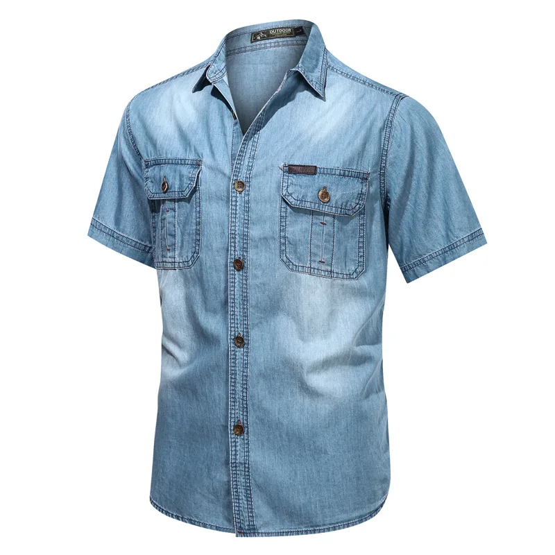 Top Trends: Men Light Blue Men&#039;s Denim Shirts Short Sleeve Thin Cotton Slim Elastic Jeans Denim Shirts Men Summer High Quality Pockets Shirt Shoppable Styles