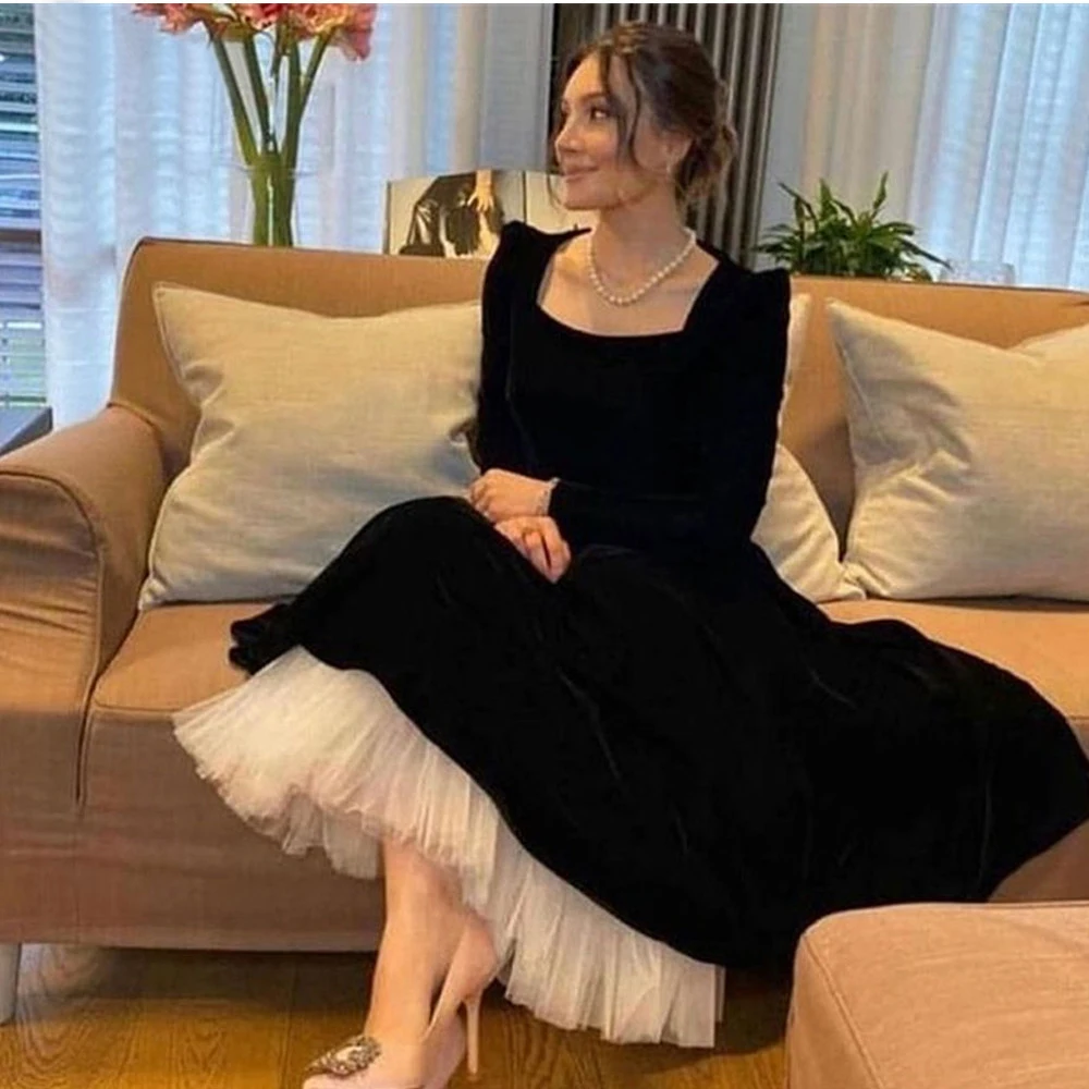 Top Trends: BridalAffair Modest Black Velvet Evening Dresses Long Sleeve Square Collar White Bottom Tea Length Formal Party Simple Prom Gown Shoppable Styles