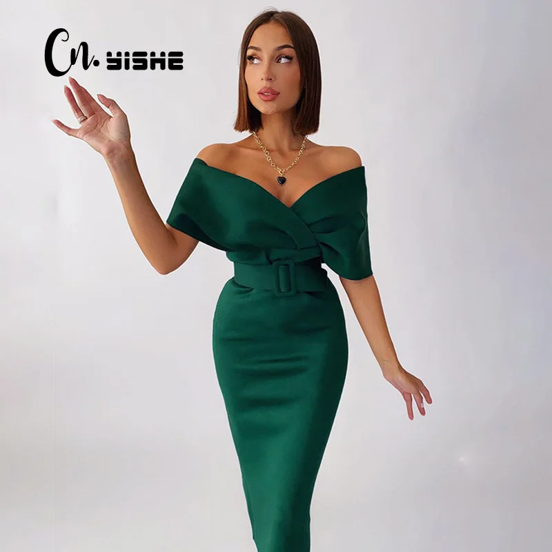 Top Trends: CNYISHE Elegant Party V-neck Off The Shoulder Dress For Women Dresses Fashion High Waist Sexy Tight Green Dress Female Birthday Shoppable Styles