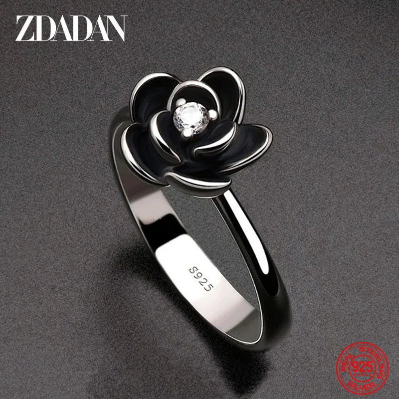 Top Trends: ZDADAN 925 Sterling Silver Charm Black Rose Flower Zircon Ring For Women Fashion Party Jewelry Gift Wholesale Shoppable Styles