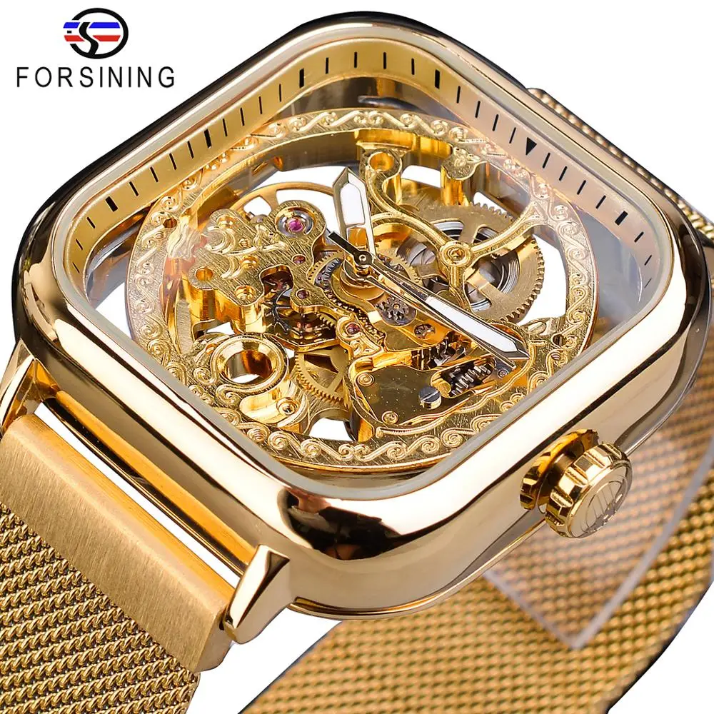 Top Trends: Forsining Men Mechanical Watches Automatic Self-Wind Golden Transparent Fashion Mesh Steel Wristwatch Skeleton Man Male Hot Hour Shoppable Styles