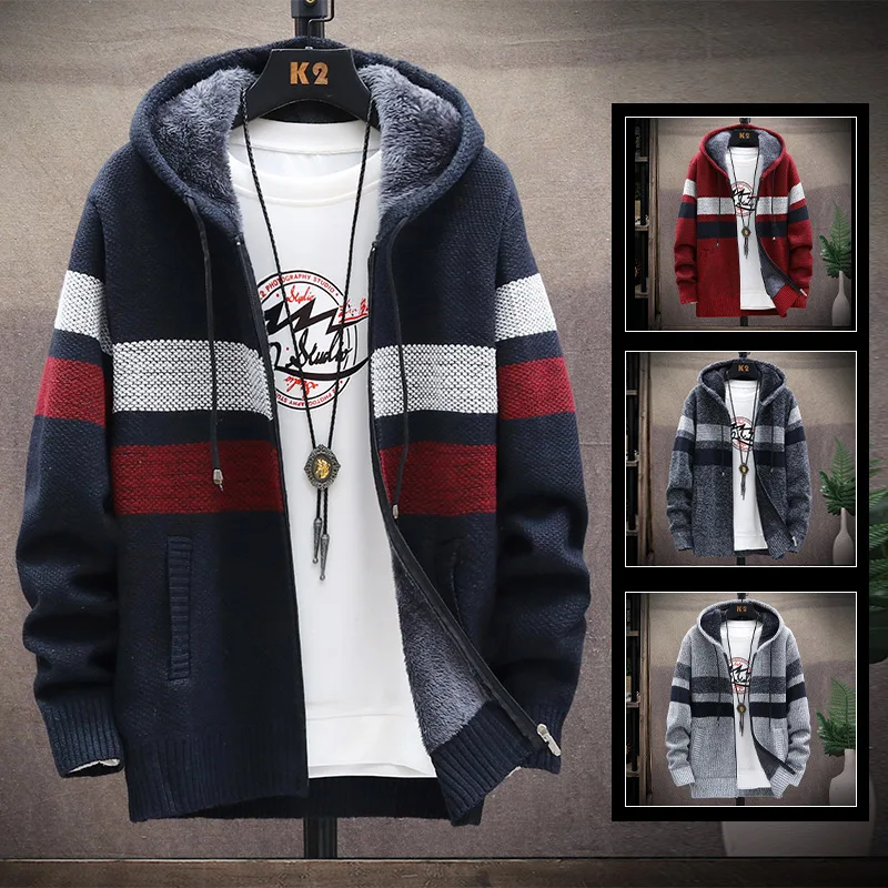 Top Trends: Men's Striped Cardigan Winter Sweater Fleece Jumper Hooded Clothes Harajuku Wool Japanese Casual Windbreaker Korean Jacket Shoppable Styles