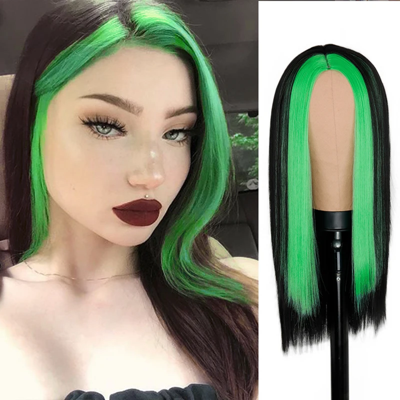 Top Trends: Synthetic Wig Fashion Long Black Straight Hair Wig Highlighting Green Hair For Girls With Cosplay Wig Shoppable Styles