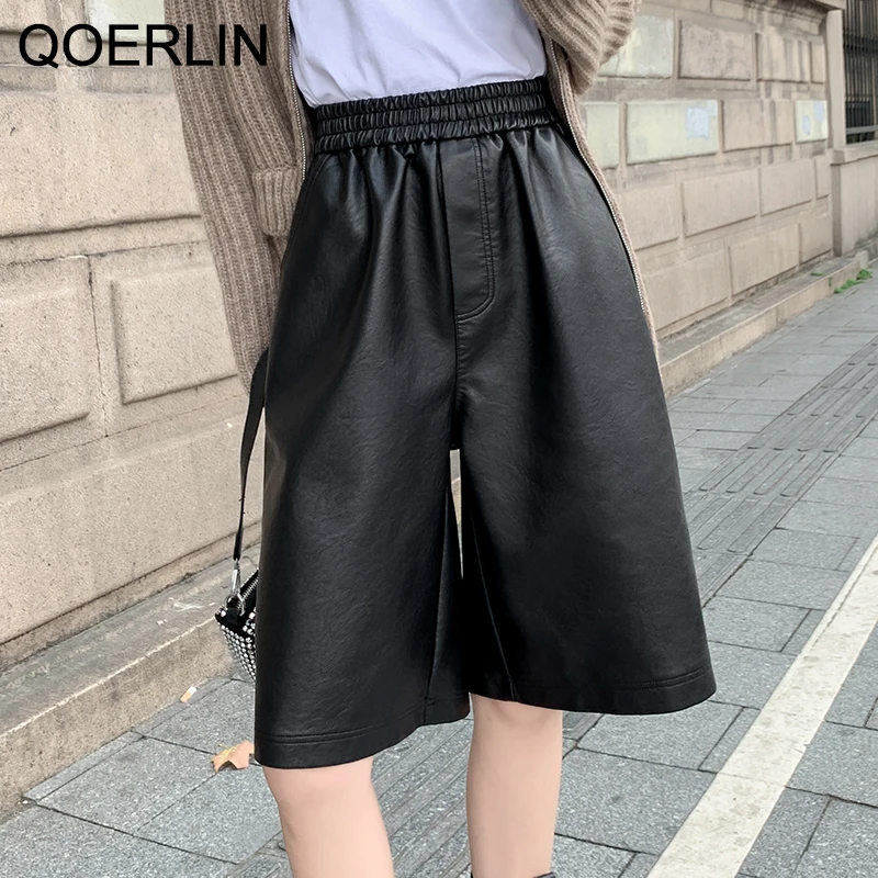 Top Trends: QoerliN S-3XL Autumn PU Leather Shorts Women's Casual High Waist Wide Leg Half Trousers Korean Outerwear Loose Straight Shorts Shoppable Styles