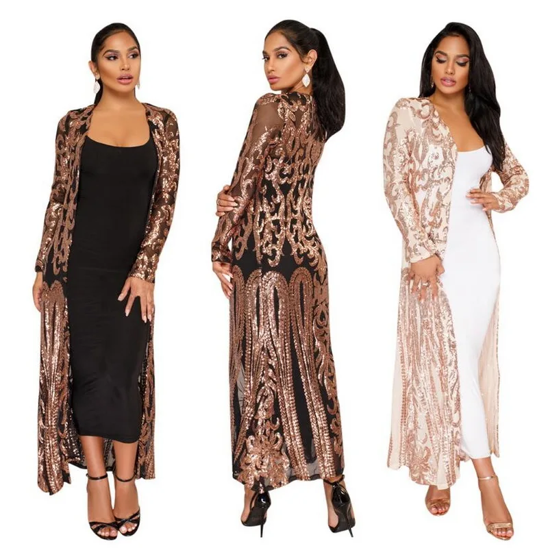 Top Trends: New Gold Sequins Sexy Long Cardigan Elegant Casual Women Full Sleeve Mesh See Through Coat Open Stitch Feminino Ouro Lantejoula Shoppable Styles