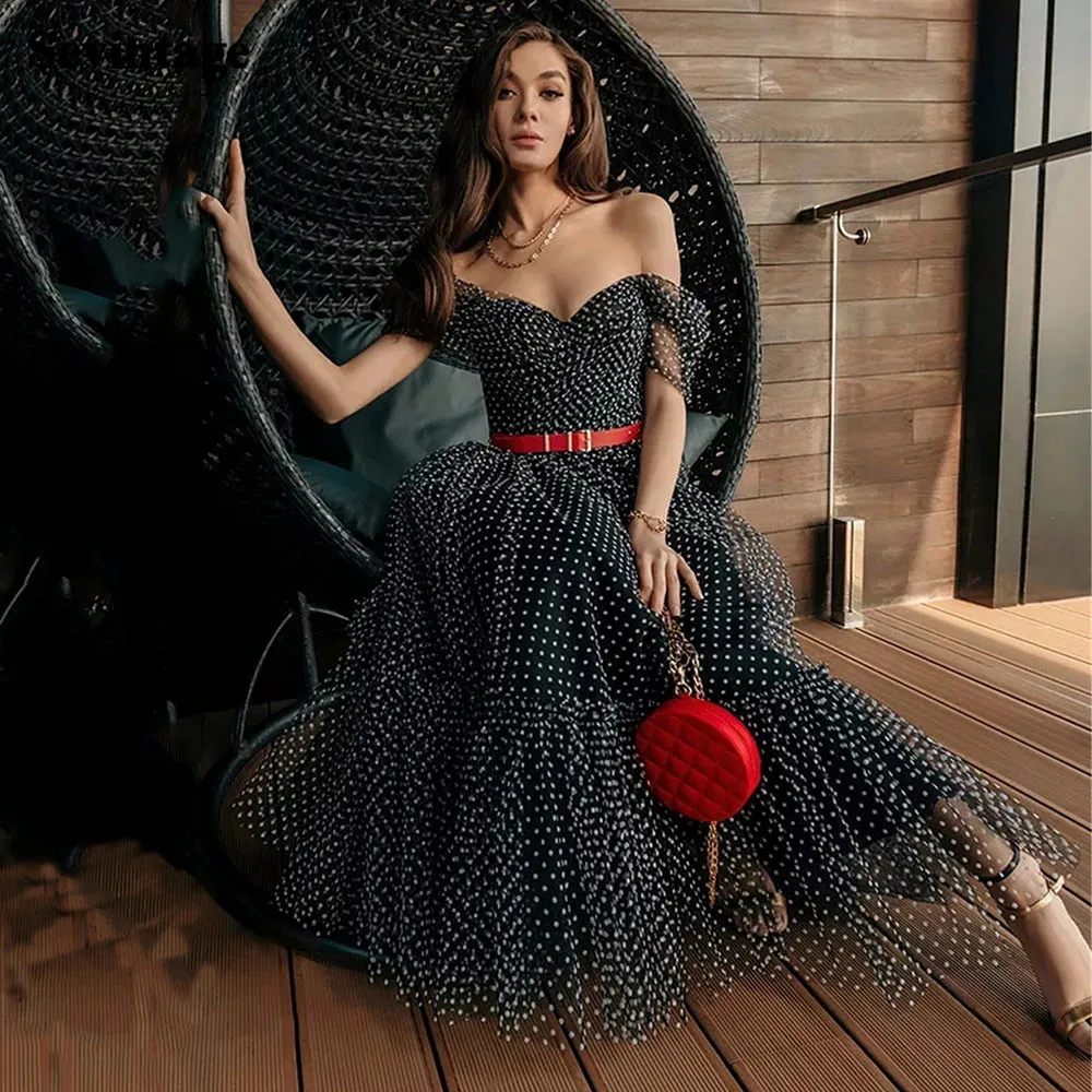 Top Trends: Sevintage Black Dotted Tulle Short Prom Dresses A Line Off The Shoulder Graudation Dress V-Neck Tea Length Homecoming Gowns Shoppable Styles