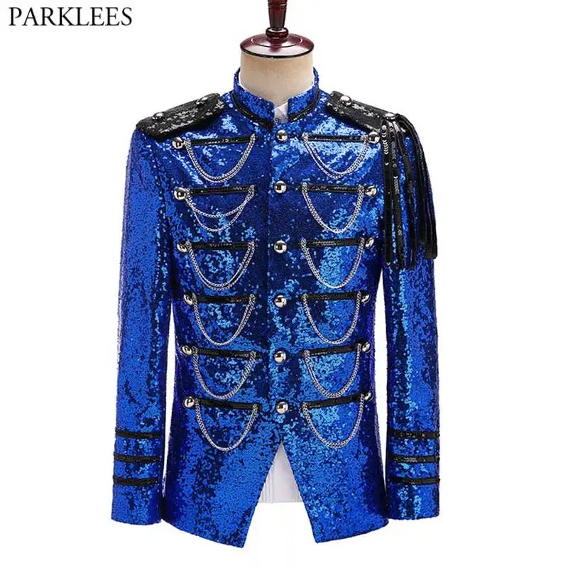 Top Trends: Royal Blue Sequin Embellished Military Blazer Jacket Men Stage Party Prom Mens Tuxedo Suit Jacket Singer Show DJ Costume Homme Shoppable Styles