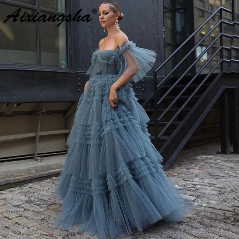 Top Trends: Aixiangsha Dusty Blue Fairy Evening Dresses Off The Shoulder Short Puffy Sleeve Tiered Women Couture Prom Robe De Soriee Shoppable Styles