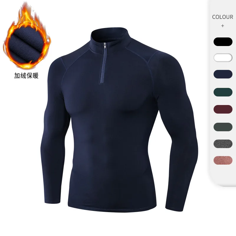 Top Trends: Men Autumn And Winter With Velvet Fitness Clothes T Shirt Stretch Tight Sports Running Long Sleeves Warm Standing Collar Hoodie Shoppable Styles