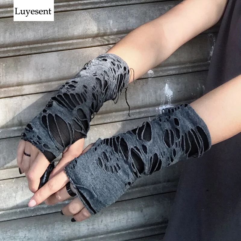 Top Trends: Punk Black Broken Slit Gothic Unisex Glove Fingerless Cuff Ninja Sport Hole Mitten 2023 Cool Women Men Hollow Out Rock Gloves Shoppable Styles