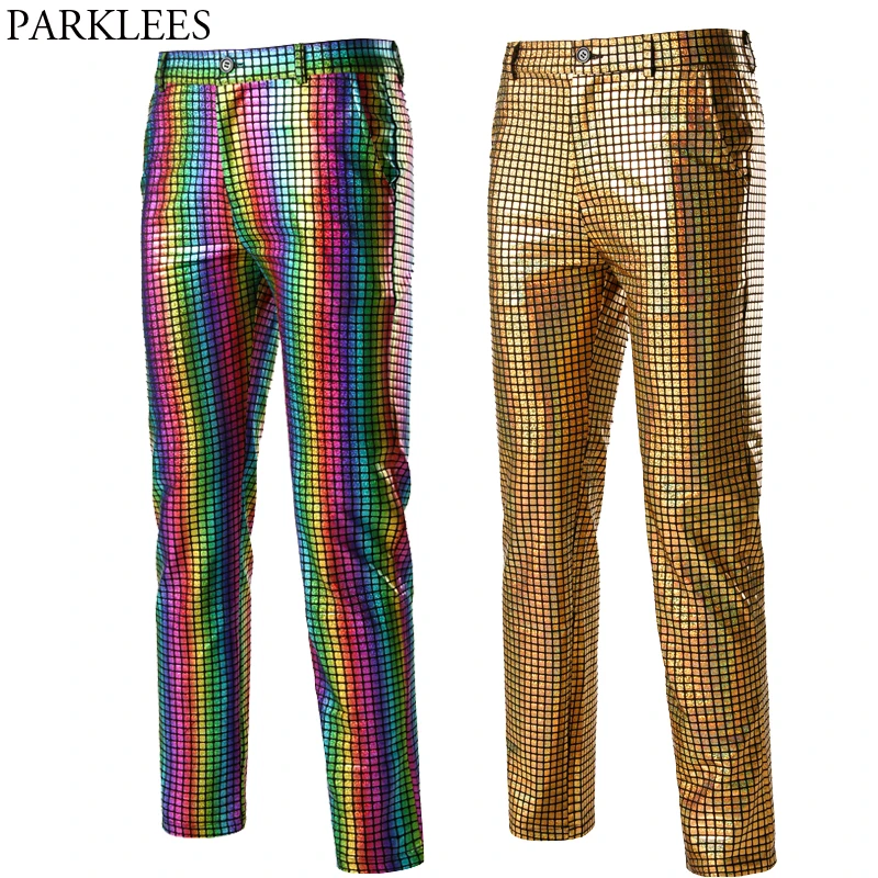 Top Trends: Rainbow Plaid Sequin Glitter Pants Men 70s Disco Party Dancer Singer Trousers Mens Nightclub DJ Stage Prom Pantalones Hombre 3XL Shoppable Styles