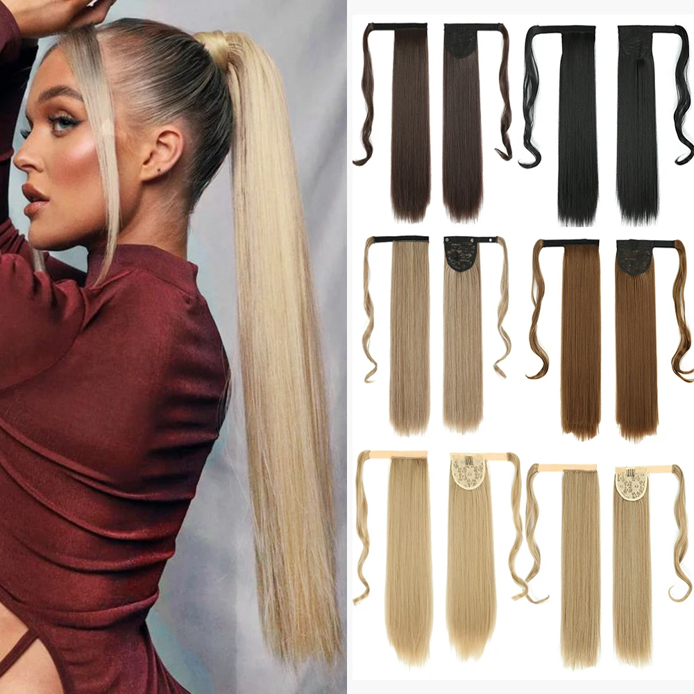 Top Trends: My-Diva 22Inchs Long Straight Synthetic Ponytail Hair Extension Heat Resistant Wrap Around Chip-in Black Pony Golden Fake Hair Shoppable Styles