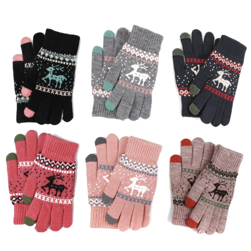 Top Trends: 2021 Christmas Elk Printed Knitted Gloves Thicken Warm Winter Touchscreen Glove Women Girls Full Finger Gloves Outdoor Shopping Shoppable Styles