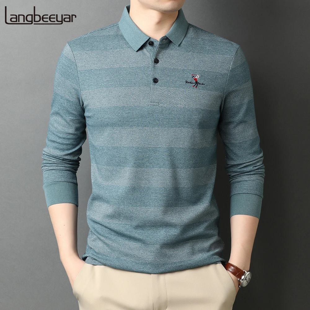 Top Trends: 2023 High End New Fashion Brand Striped Designer Embroidery Casual Turn Down Collar Long Sleeve Polo Shirts Men Tops Men Clothes Shoppable Styles