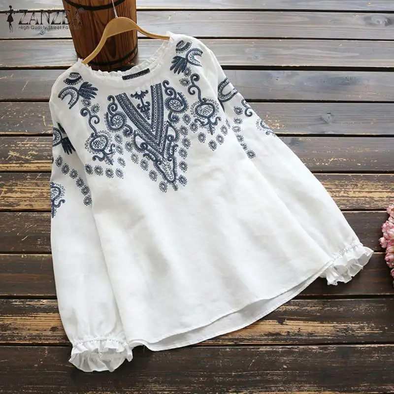 Top Trends: ZANZEA Spring Long Sleeve Ruffles Tops Women Vintage Embroidery Blouse Casual O Neck Cotton Linen Blusas Femininas Shirt Mujer Shoppable Styles