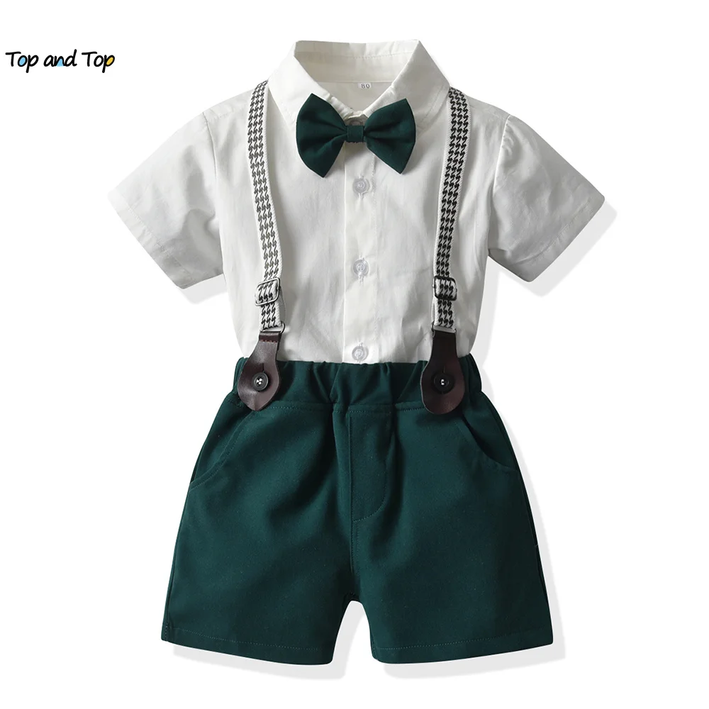 Top Trends: Top And Top Fashion Toddler Kids Boys Gentleman Clothing Set Formal White Short Sleeve Shirts With Bowtie+ Overalls Casual Suits Shoppable Styles