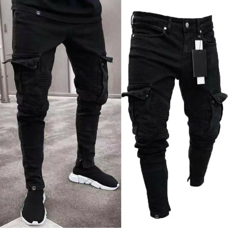 Top Trends: Men Biker Ripped Long Denim Trousers Skinny Jeans Pants Destroyed Stretchy-Black Pants Shoppable Styles