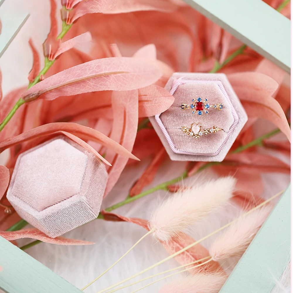 Top Trends: Lovely Hexagon Shape Velvet Jewelry Ring Box Double Storage Box Wedding Ring Display For Women Gift Earrings Packaging Pink Shoppable Styles