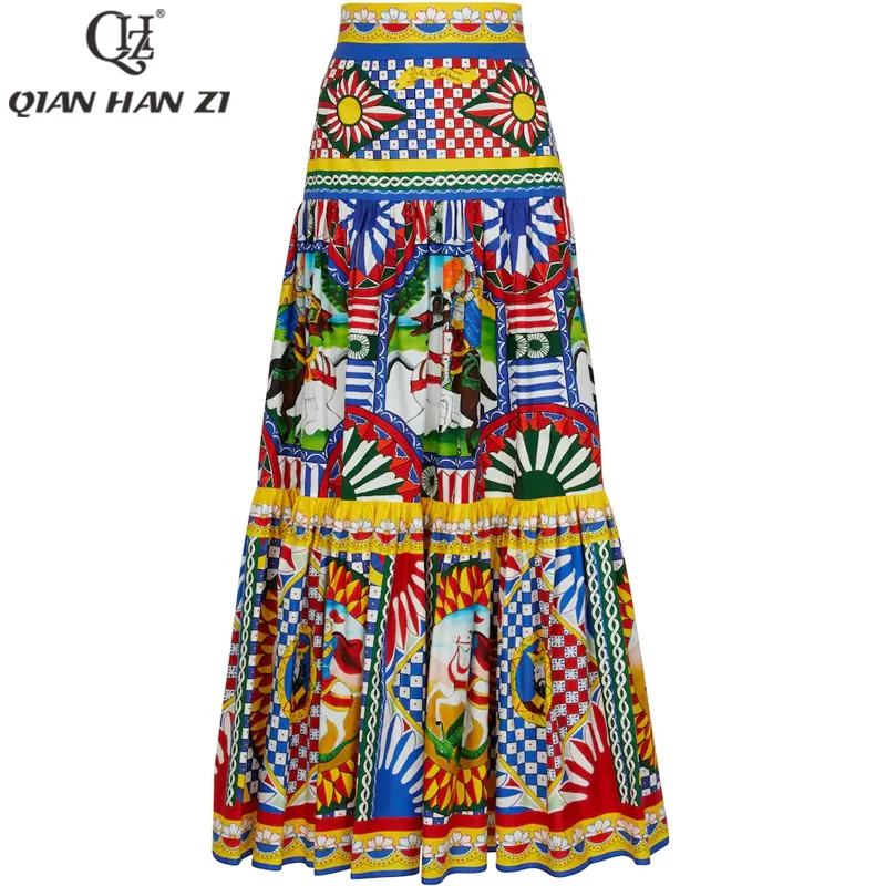 Top Trends: Qian Han Zi Designer Fashion Runway Maxi Skirt Vintage 100% Cotton Pattern Print Bohemia Beach Holiday Long Dress Women&#039;s Summer Shoppable Styles