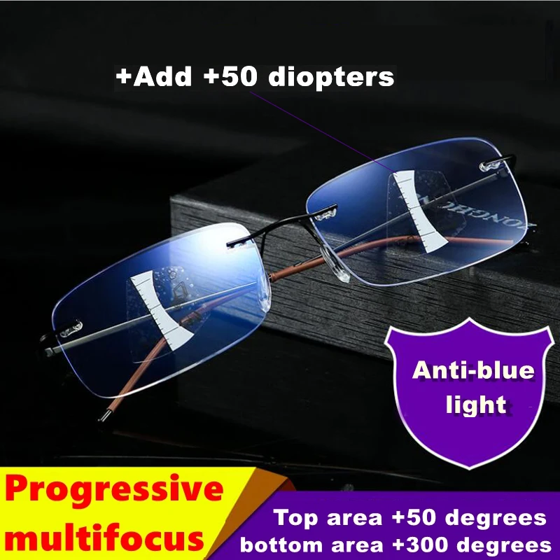 Top Trends: High Quality Rimless Progressive Multifocal Reading Glasses Men Anti Blue Light Presbyopic Glasses Women Ultra Light Metal Gafas Shoppable Styles - Image 3