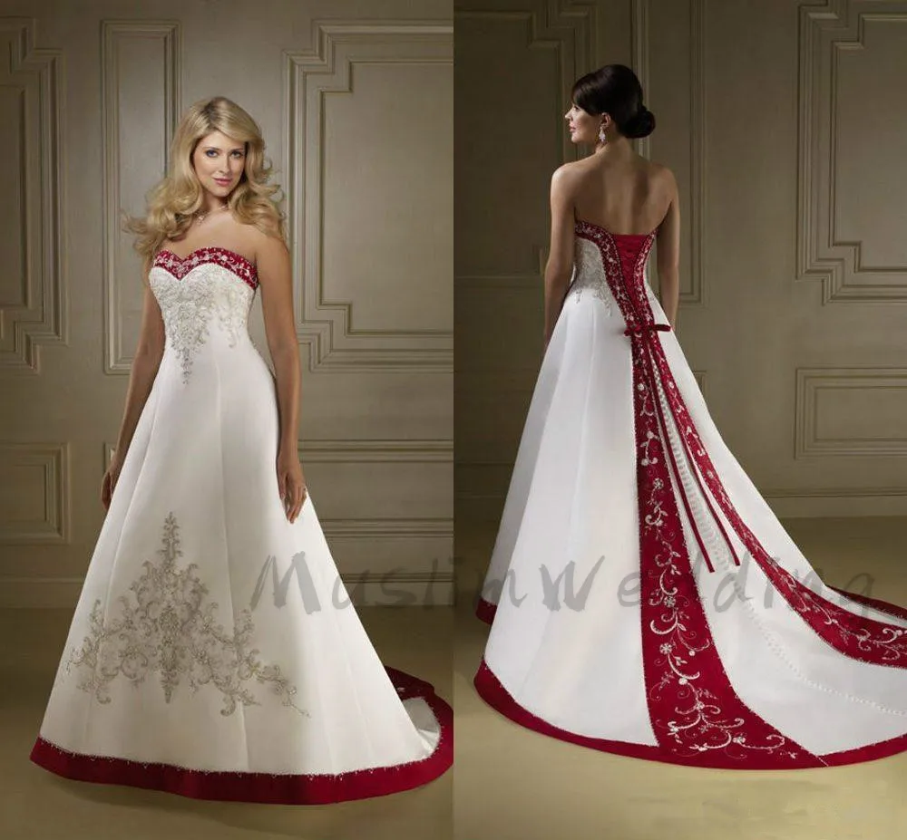 Top Trends: Vintage Red And White Satin Embroidery Wedding Dresses 2020 Sweetheart Corset Country Garden Wedding Gowns Gothic Bride Dress Shoppable Styles