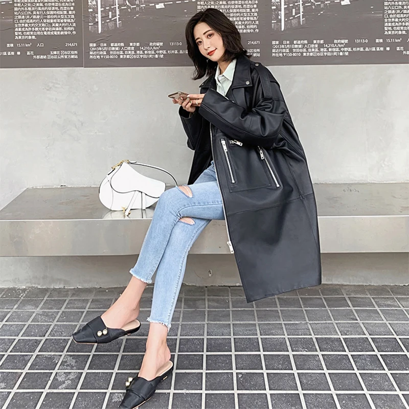 Top Trends: Nerazzurri Autumn Oversized Black Long Womens Leather Biker Jacket Long Sleeve Spring Loose Faux Leather Coat Streetwear 2022 Shoppable Styles - Image 6