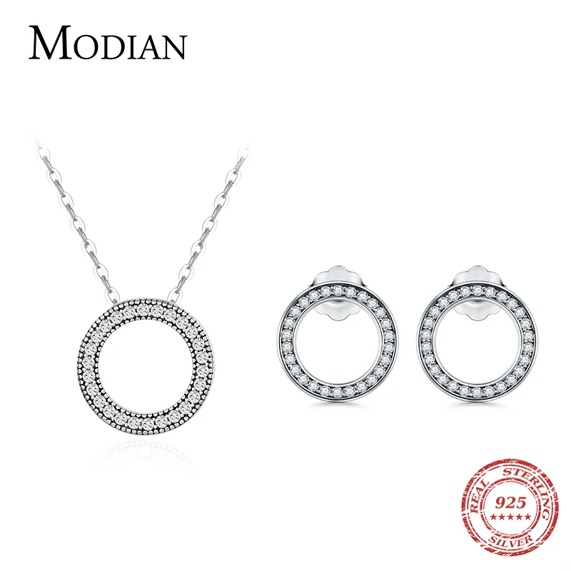 Top Trends: Modian Classic Circle Sparkling CZ Stud Earrings 925 Sterling Silver Heart Romanti Jewelry Sets For Women Fine Necklace Pendant Shoppable Styles