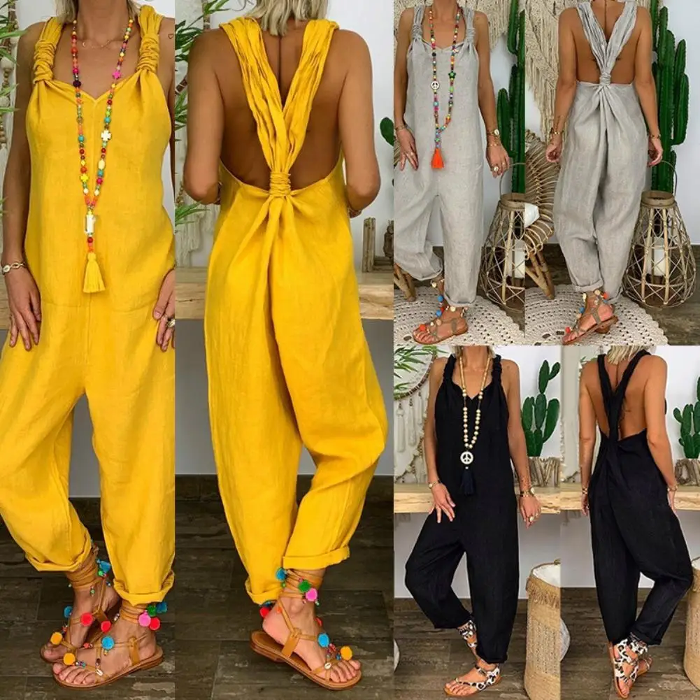 Top Trends: 80% HOT SALES！！！Women Solid Color Bib Overall Sleeveless Backless Knotted Jumpsuit Dungarees Shoppable Styles