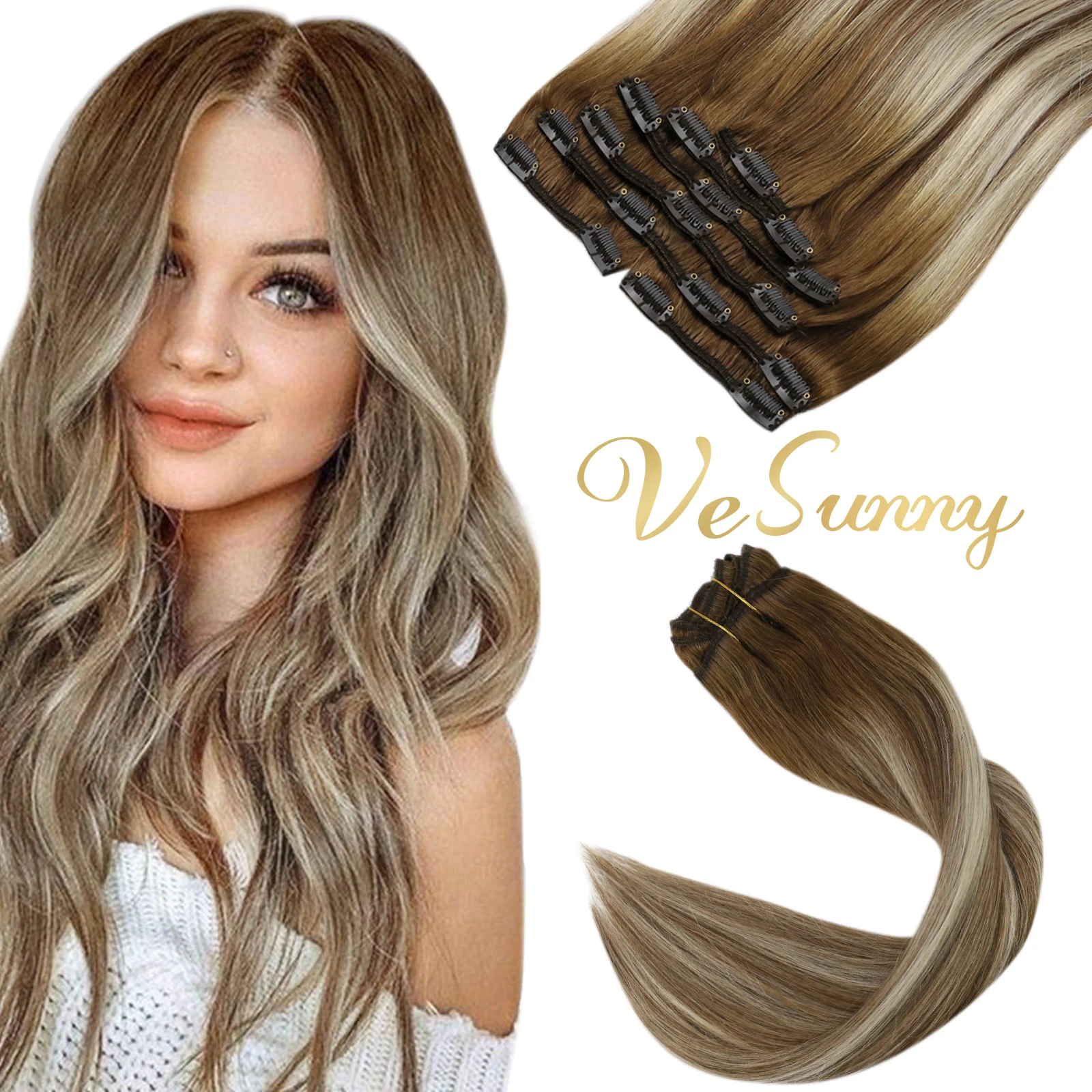 Top Trends: VeSunny Double Weft Clip In Hair Extensions Real Human Hair 7pcs 120gr Clip Hair Balayage Medium Brown Highlights Blonde Toupet Shoppable Styles