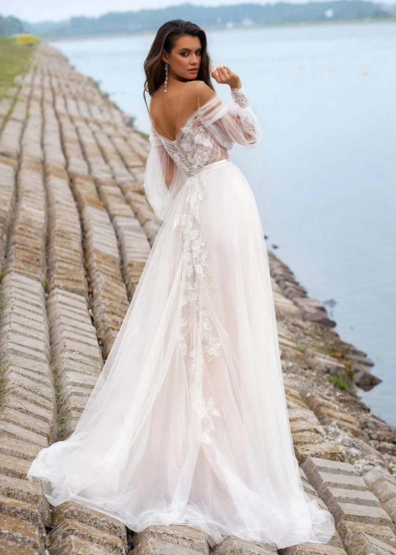 Top Trends: Fivsole Long Puff Sleeves Wedding Dresses Appliques Lace 3D Flowers Off Shoulder Tulle Boho Bride Gown 2021 Vestidos De Novia Shoppable Styles - Image 2