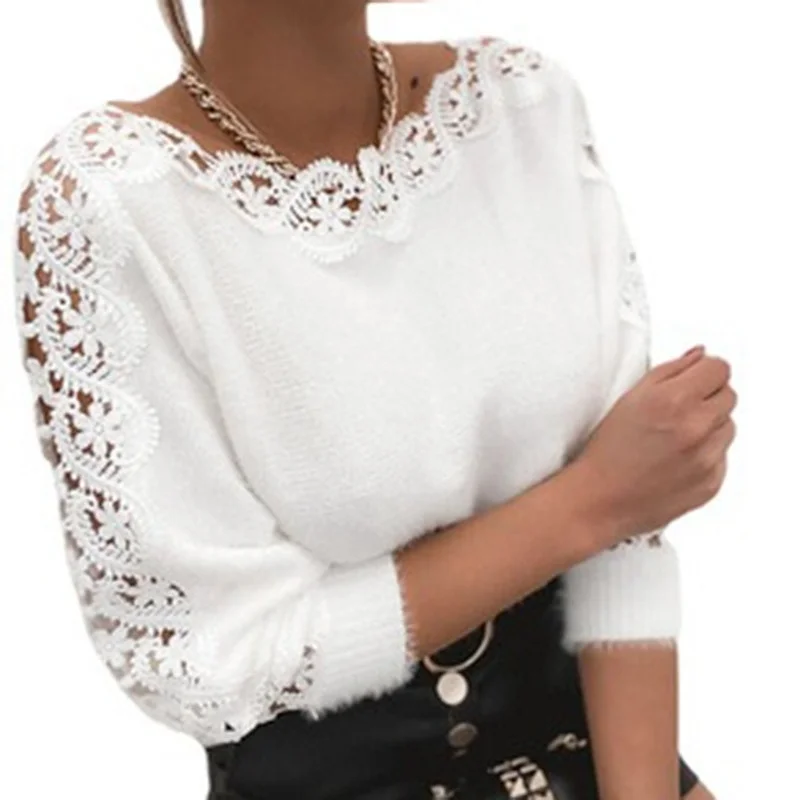 Top Trends: 2021 Fall New White Sweater Women V Neck Lace Stitching Hollow Out Long Sleeves Fashion Loose Sweaters Elegant High Quality Tops Shoppable Styles