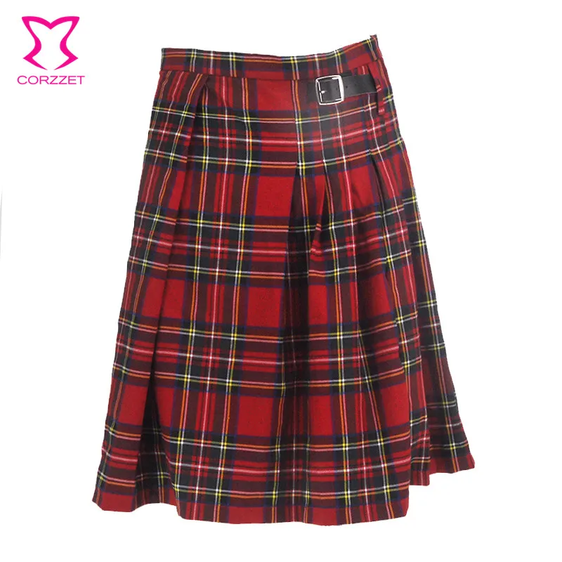 Top Trends: Gothic Punk Kilt Scottish Tartan Dress Red Plaid Pleated Waist Skirt With Faux Leather Buckle Europe Men Clothes Shoppable Styles